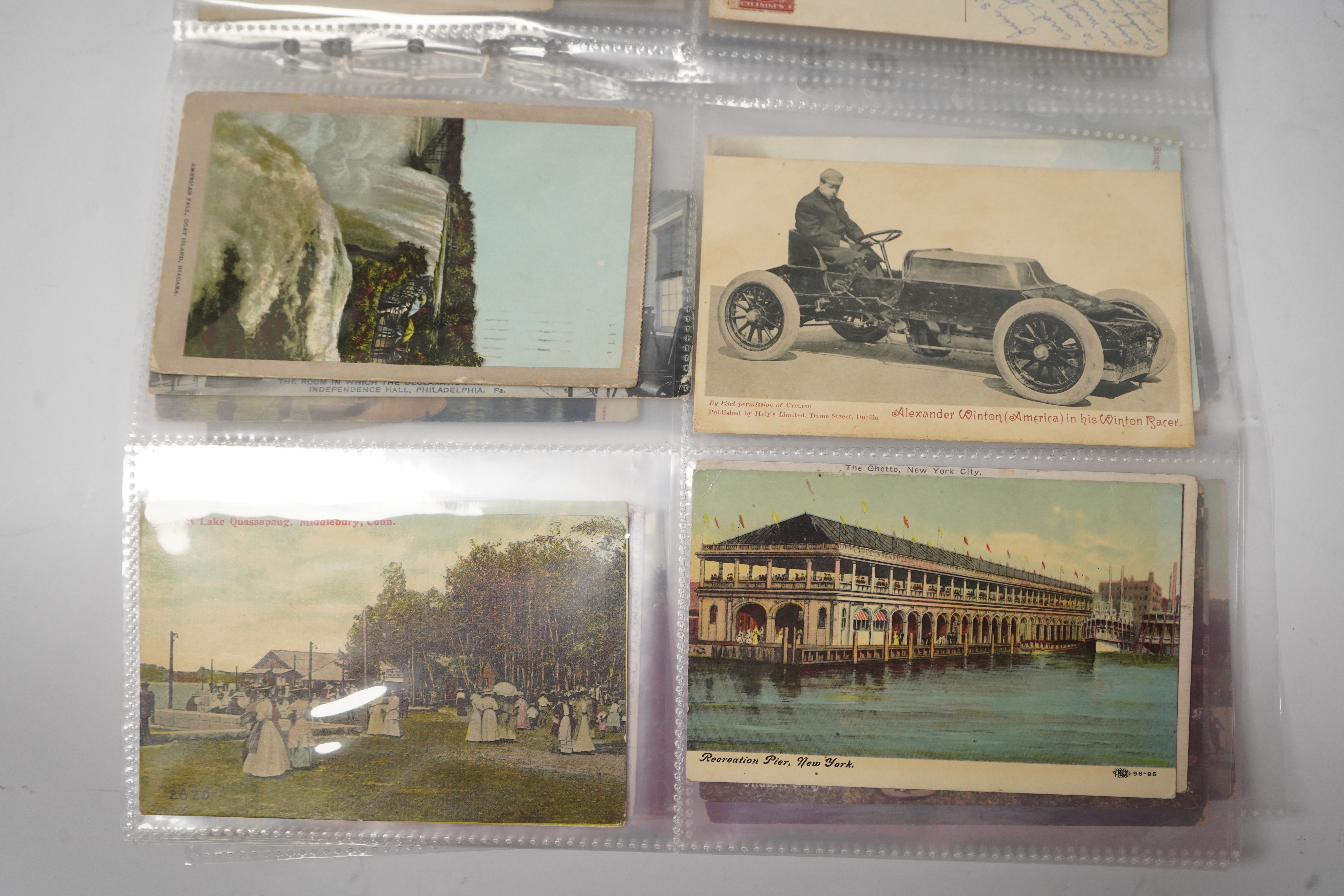 A group of eighty eight assorted vintage postcards, including American topography, rail accidents and motoring.